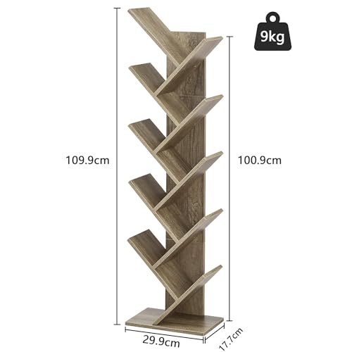 Hoctieon 10 Tier Tree Bookshelf, 10 Shelf Bookcase, Free Standing Tree Bookcase, Display Floor Standing Shelf for Books, Book Organizer Shelves for Home Office, Living Room, Bedroom, Greige Hoctieon
