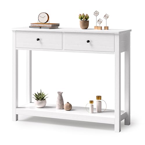 Gizoon Console Table with Drawers, Sofa Table with Storage Shelves, 2-Tier Wooden Entryway Table for Living Room, Kitchen, Hallway, Foyer, White Gizoon