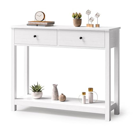 Gizoon Console Table with Drawers, Sofa Table with Storage Shelves, 2-Tier Wooden Entryway Table for Living Room, Kitchen, Hallway, Foyer, White Gizoon