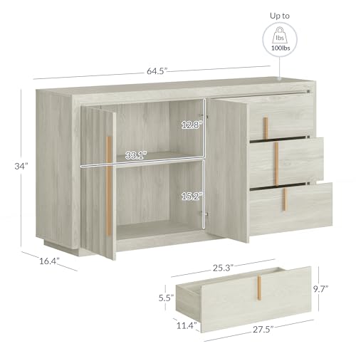 BELLEZE Sideboard Buffet Cabinet with Storage, Buffet Table with 3 Drawers and 2 Doors Storage Cabinet with Rose Gold Handles and Adjustable Shelves for Dining Room Living Rooms (Libra - White Sand)