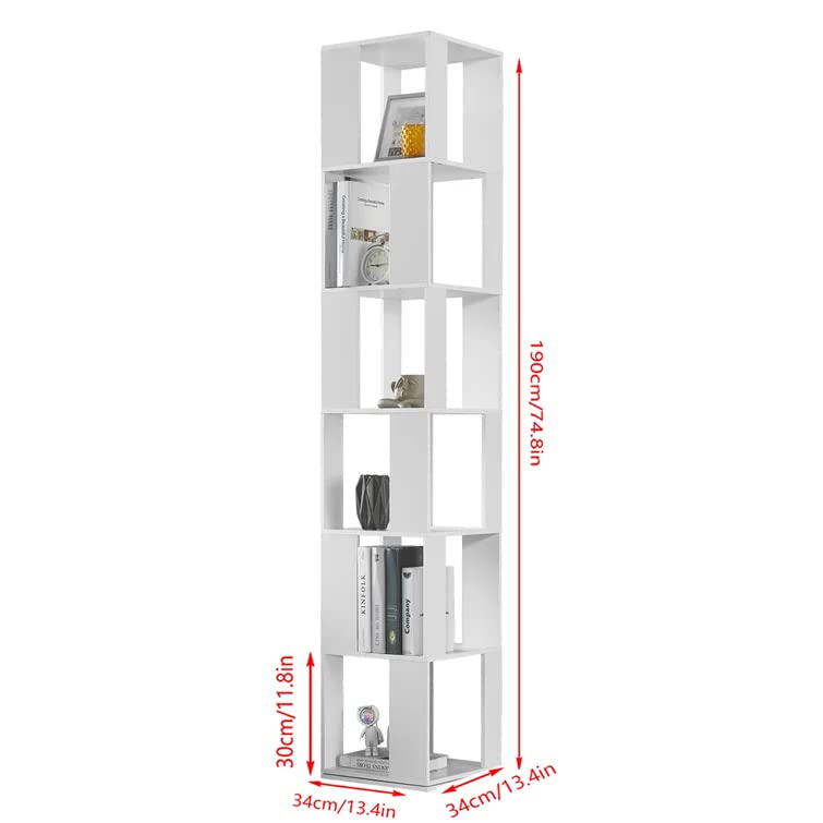 Saadiya 6-Tier 360° Rotating White Floor Standing Bookshelf for Small Spaces - WoodArtSupply