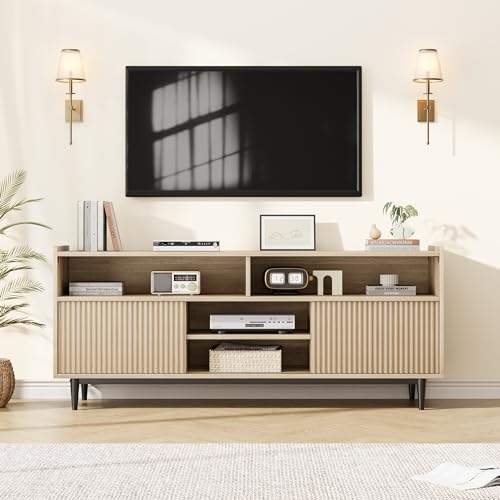 GAOMON Fluted TV Stand for 70 inch, Modern Entertainment Center with Storage and Sliding Doors, Wood Media Console Cabinet Furniture TV Console Table for Living Room Bedroom, Natural Oak GAOMON