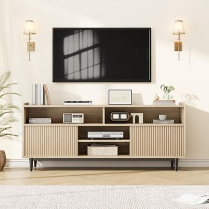 GAOMON Fluted TV Stand for 70 inch, Modern Entertainment Center with Storage and Sliding Doors, Wood Media Console Cabinet Furniture TV Console Table for Living Room Bedroom, Natural Oak - WoodArtSupply