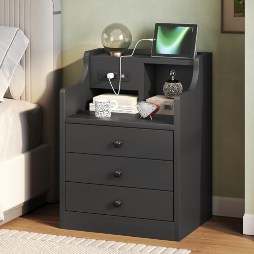 Tiptiper Black Nightstand with Charging Station 3 Drawers, Wood Sofa End Side Table with USB Ports and Outlet, Bedside Table Bedroom Nightstand with Sliding Drawer & Hutch Tiptiper