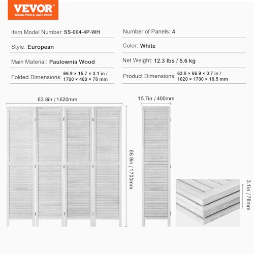 VEVOR Wood Room Divider, 4 Panel Folding Privacy Screen, 66.9 Inches Tall Indoor Wooden Partition, Portable Decoration Screen, for Room Separation, Home, Office, Restaurant & Bedroom (Light Grey) VEVOR