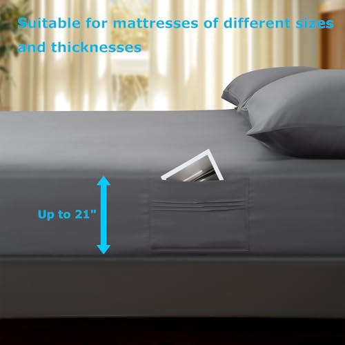 Popfavor Deep Pocket King Fitted Sheet with Straps - Fits Mattresses Up to 21" Thick - 3 Piece Bed Sheets - Moisture Wicking, Cooling & Soft Fitted Sheet & Pillow Cases (Grey) Popfavor