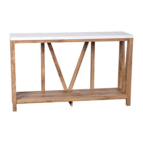 BizChair Farmhouse 2-Tier Console Table - Warm Oak Finish Engineered Wood Frame - Marble Finish Tabletop - for Entryway or Living Room BizChair