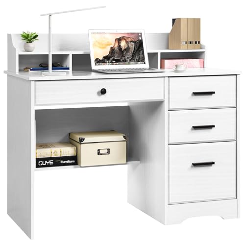 Catrimown Computer Desk with Storage Drawers and Hutch, 44 Inch Home Office Desks with 4 Drawers & Monitor Stand for Small Space, Small White Desk Writing Table Study Desks for Bedroom, White - WoodArtSupply