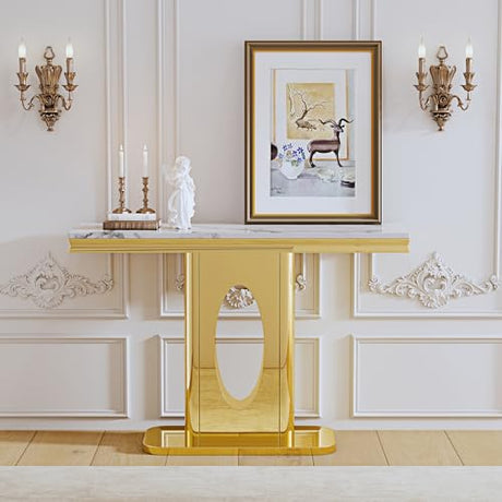 47" Rectangular Console Table, Modern Accent Table with White Faux Marble Top and Gold Mirror Stainless Steel Base, Modern Entryway Table for Living Room, Bedroom, or Hallway AF ARTISAN FURNITURE