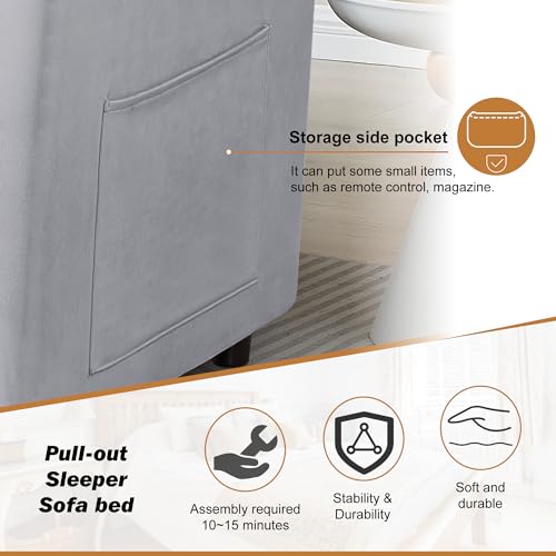 Yeehacc 3 in 1 Convertible Sleeper Sofa Bed, Pull Out Couch Loveseat Futon, Adjustable Backrest Velvet Sofa with Pillows and Side Pockets for Living Room Apartment, Light Grey Yeehacc