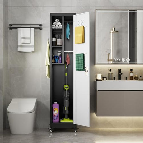 Aobabo 72" H Broom Closet Storage Cabinet, Lockable Metal Cleaning Storage Cabinet with Hooks for Home, Assembly Required Black Gray Aobabo
