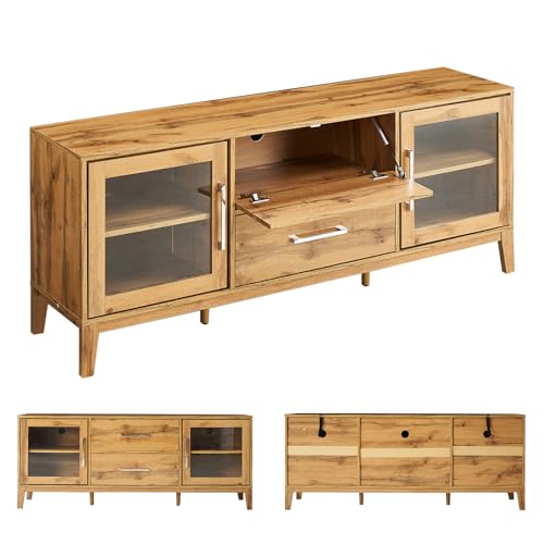 LUXOAK 63'' Modern Wood TV Stand for 70+ Inch TV, Mid Century High Gloss Entertainment Center with Glass Doors & Adjustable Shelf, Console Table with Storage Drawer for Living Room, Yellow Oak LUXOAK