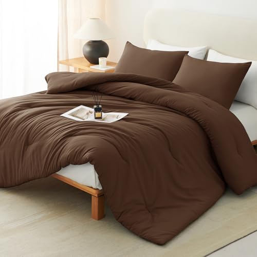 CozyLux Full Size Comforter Set Brown, 3 Pieces Solid Breathable Quilted Style Bedding Sets, Luxury Fluffy Soft Bed Set with Down Alternative Comforter for All Season (1 Comforter & 2 Pillowcases) CozyLux