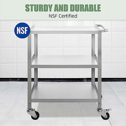 Hally Stainless Steel Utility Cart 3 Tier NSF Commercial Heavy Duty Metal Mobile Food Rolling Cart with Handle and Wheels for Kitchen, Restaurant, Hospital, Laboratory and Home, 24" L x 16" W x 34" H