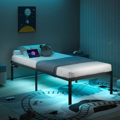 HAVONIZD Twin Size Bed Frame with LED Lights & Charging Station - 18 Inch Heavy Duty Metal Platform Bed Frame No Box Spring Needed, Easy Assembly, No Noise HAVONIZD