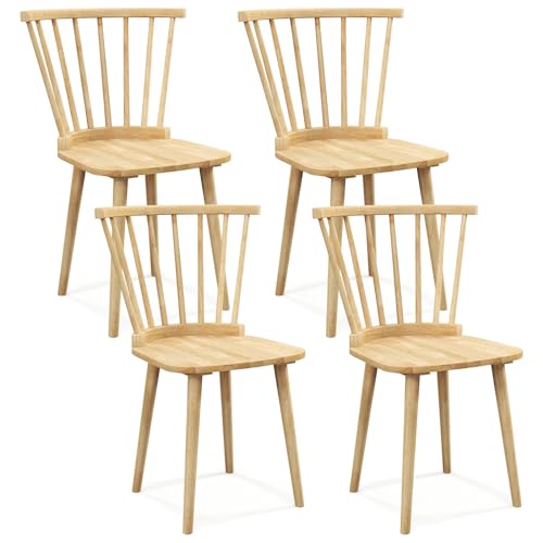 GOFLAME Windsor Dining Chairs Set of 4, Solid Wood Kitchen Chairs with Ergonomic Spindle Back, 400 LBS Weight Capacity, Farmhouse Armless Side Chairs for Dining Room, Living Room, Natural GOFLAME