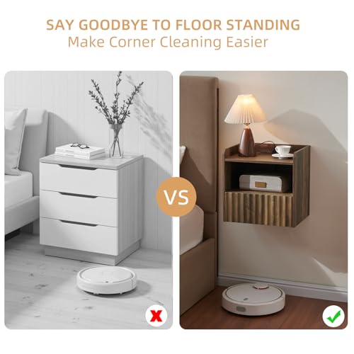 BuildHom Modern Fluted Floating Nightstand Wall Mounted Set of 2- Bedside Table with Storage Drawer & Display Shelf, Minimalist Bedroom Furniture for Studio Apartments(Rustic Brown) BuildHom