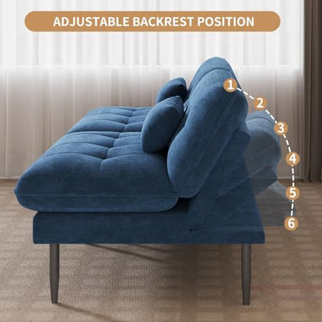 NEDYO 70 inch Convertible Futon Sofa Bed, Velvet Sleeper Sofa with Adjustable Backrest, Thick Fill and Convertible Modules, 4 in 1 Loveseat Couch for Living Room, Blue NEDYO