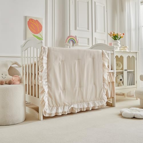 Lace Ruffle Crib Bedding Set 3 Pieces Baby Boho Lace Quilted Comforter with Fitted Sheet and Bed Skirt - Cute Ruffled Shabby Chic Baby Bedding Soft Blanket Design Pink UOZZI BEDDING