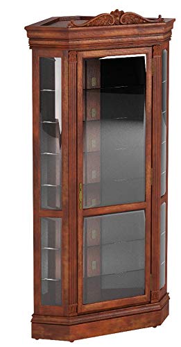 Howard Miller Embassy II Corner Curio Cabinet 680-290 – Embassy Cherry Finish, Distressed Home Decor, Seven Glass Shelves, Eight Level Display Case, Locking Front Door & Halogen Light