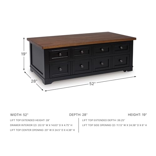 Signature Design by Ashley Wildenauer Lift Top Cocktail Table, Satin Finish Base, 2 Drawers, 2 Storage Bins, Hardwood Solids, 52" W x 28" D x 19" H, Light Brown & Black Signature Design by Ashley