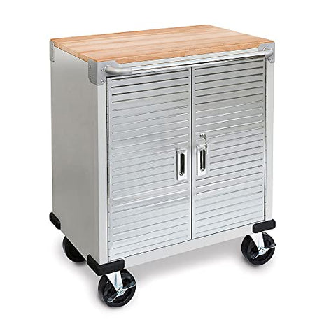 Seville Classics UltraHD Heavy Duty Rolling Cabinet Workbench Table w/Solid Wood Top Workstation for Garage, Warehouse, Office, Workshop, 34.5" H, 2-Door (28" W x 18" D), Granite Seville Classics