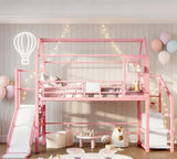 Bellemave Metal Loft/Bunk beds Twin Over Twin, Bunk beds with Slide and Stairs for Kids, Floor House Loft Bed for Kids，Pink Bellemave
