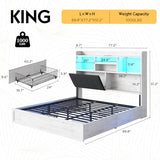 LUXOAK King Farmhouse Bed Frame with Bookcase Headboard and 4 Drawers, LED Storage Bed with Charging Station & Linen Upholstered, No Box Spring Needed, Distressed White LUXOAK