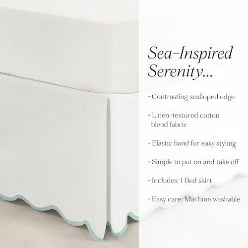 Lush Decor Coastal Chic Scalloped Edge Linen-Textured Bed Skirt Single, King Blue & White - White Bed Skirt King Size - Coastal Decor - Wrap Around Bed Skirt Lush Decor