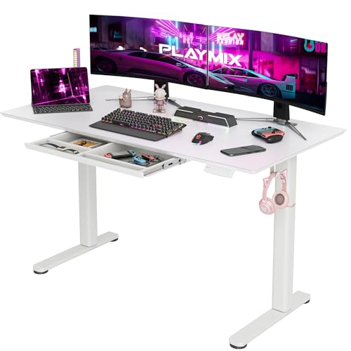 INNOVAR Glass Gaming Desk with Drawers, White Gaming Electric Standing Desk Adjustable Height, Professional Gaming Glass Surface Improved Precision and Speed, 55 inch INNOVAR
