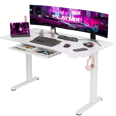 INNOVAR Glass Gaming Desk with Drawers, White Gaming Electric Standing Desk Adjustable Height, Professional Gaming Glass Surface Improved Precision and Speed, 55 inch INNOVAR