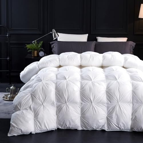Three Geese Oversized King Size Pinch Pleat Duck Feather Down Fiber Comforter - All-Season Down Duvet Insert Fluffy Baffle Box Design with 8 Corner Loops for Warmth and Softness. Three Geese