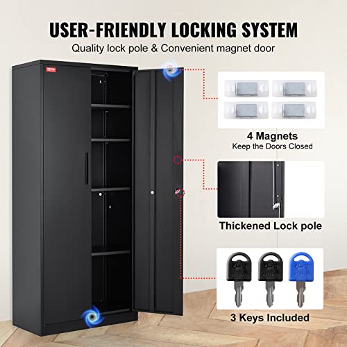 VEVOR Steel Locking Storage 2 Magnetic Doors and 4 Adjustable Shelves, 71'' Metal Cabinet 200 lbs Capacity per Shelf with 3 Keys, for Office, Home, Garage, Black - WoodArtSupply