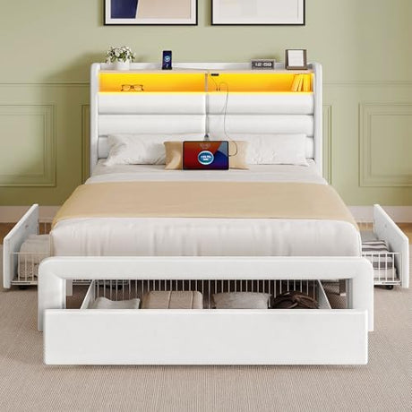 Seventable Twin Size Bed Frame with 3 Storage Drawers & Charging Station, Upholstered Platform Bed with Storage Headboard and LED Light, No Box Spring Needed, Noise Free, Easy Assembly, Cream White Seventable