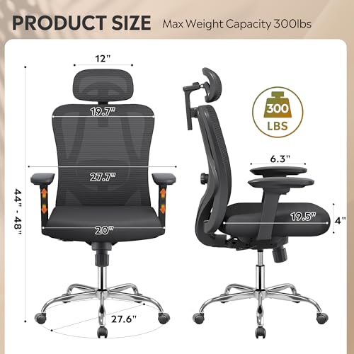 DEVAISE Ergonomic Mesh Office Chair with Adjustable 3D Headrest and Tilt Function, Big and Tall Reclining Comfy Home Computer Desk Chair with Lumbar Support and 3D Armrests, Black DEVAISE