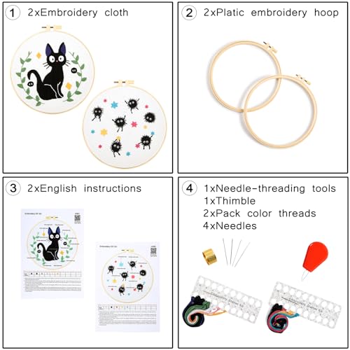 Cat Embroidery Starter Kit for Beginners Adults, Animal Stamped Cross Stitch Kit for Adult Beginner, Hand Embroidery Needlepoint Kits, 2 Set Embroidery Supply, 2 Hoops (Attached Video Tutorial)