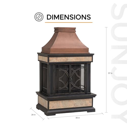 Sunjoy Outdoor Fireplace, Smith Collection Patio Wood Burning Steel Fireplace with Chimney, Spark Screen, Fire Poker, and Removable Grate, Copper with Yellow Tile Sunjoy