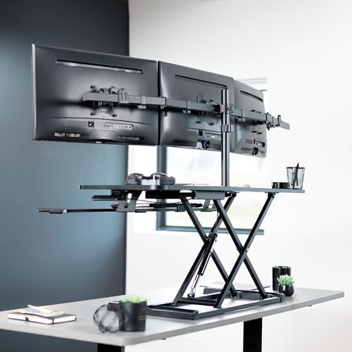 VIVO Height Adjustable 48 inch Standing Desk Converter with Triple 21.5 to 27 inch Monitor Mount, Extra Large Desk Riser, Black, DESK-KIT-48KB3C VIVO