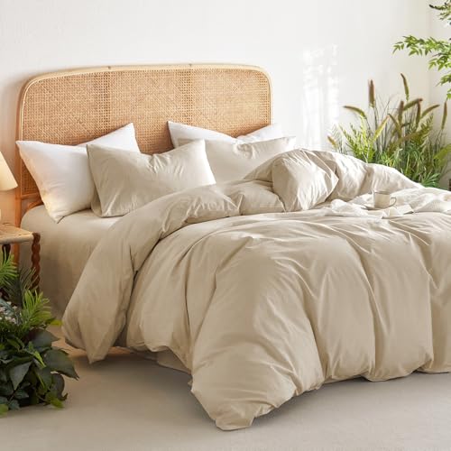 Wake In Cloud - Cotton Duvet Cover Set, Queen Size, Khaki Linen Color, 100% Washed Cotton, Linen Like Textured, Breathable Percale Durable Comfy Farmhouse Neutral Bedding Set, 3 Pieces Wake In Cloud