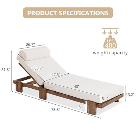 Acacia Wood Outdoor Patio Chaise Lounge Chair, All Weather Reclining Chairs Lounge Chairs with Adjustable Reclining Backrest and Cushions for Terrace, Poolside, Garden, and Beach (Beige-1.26) VilroCaz
