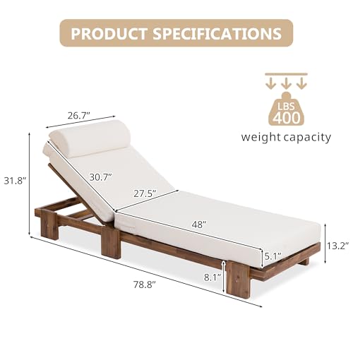 Hlcodca 78.8'' Outdoor Patio Chaise Lounge Chair, Acacia Wood Adjustable Recliner with Headrest, Perfect for Terrace, Poolside, Garden, and Beach (Beige-E)