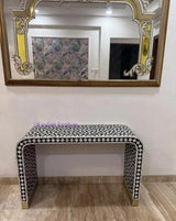 Black and White Geometric Pattern Mother of Pearl Inlay Console Table, Modern Entryway Accent Furniture with Gold Base Generic