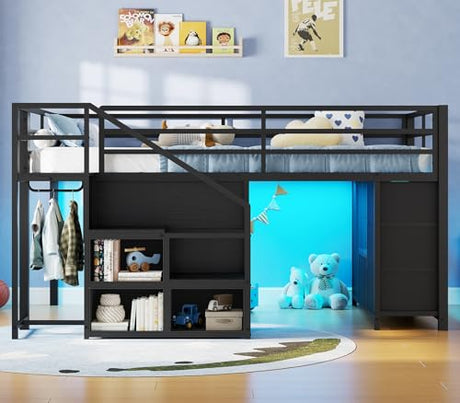 BTHFST Low Loft Bed Twin Size with Stairs & LED Lights, Kids Loft Bed with 7 Storage Drawers & 3 Open Cubbies & Handy Clothes Rail, Twin Loft Bed with Safety Guardrail, Under-Bed Play Area, Black BTHFST