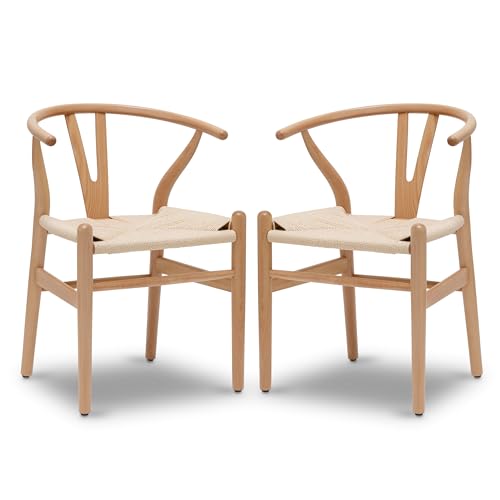 Poly and Bark Weave Modern Wooden Mid-Century Dining Chair, Hemp Seat, Natural (Set of 2) - WoodArtSupply