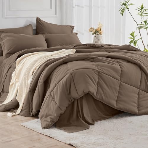 JOLLYVOGUE Queen Comforter Set, Ultra-Soft Bed in a Bag Queen Size 7 Pieces, Oeko-TEX Certified Bedding Set with Down Alternative Comforter, Sheets, Pillowcases & Shams, Brown JOLLYVOGUE