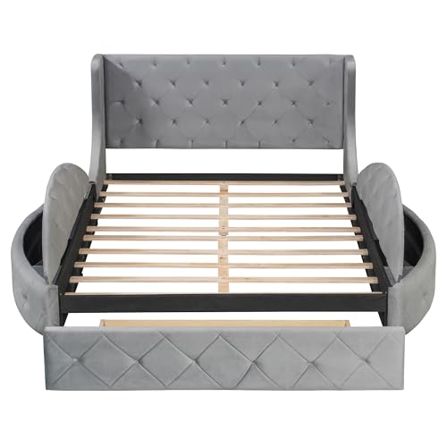 Bellemave Velvet Upholstered Queen Platform Bed with Storage, Queen Size Bed Frame with Headboard, 1 Big Drawer and 2 Side Storage Stool, Strong Wooden Slats/Easy Assembly (Grey) Bellemave