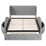 Bellemave Velvet Upholstered Queen Platform Bed with Storage, Queen Size Bed Frame with Headboard, 1 Big Drawer and 2 Side Storage Stool, Strong Wooden Slats/Easy Assembly (Grey) Bellemave