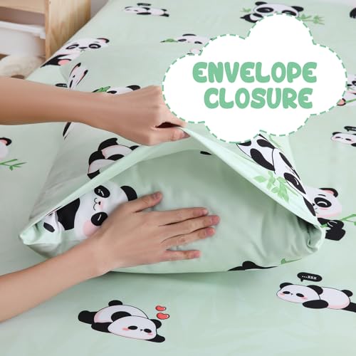Yibeizi Twin Sheets Set Kids, Sage Green Panda Pattern Microfiber Single Bed Sheets, Cute Soft Oeko-Tex Extra Deep Pocket Sheets & Pillowcases Cooling Hypoallergenic Wrinkle Free Bedsheets Yibeizi