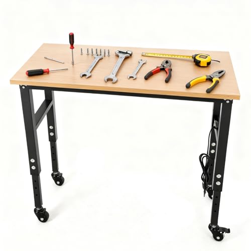 48" Adjustable Workbench with Power Outlet & Wheels, Heavy-Duty 48 x 24 in Work Bench, 2500 lbs Load Capacity for Garage, Workshop & Home EliteEdge
