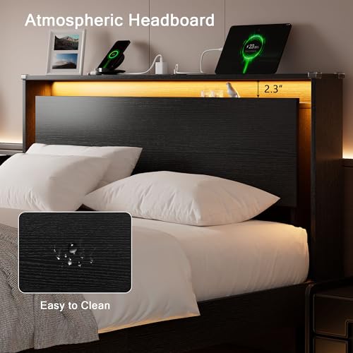 Einhomn Full Size Bed Frame with LED Lights & Charging Station – Kids Wood Floating Bed Frame with Storage Headboard, Adhesive Slats, Kick-Free & Noise-Free Design, Easy Assembly, Black Einhomn